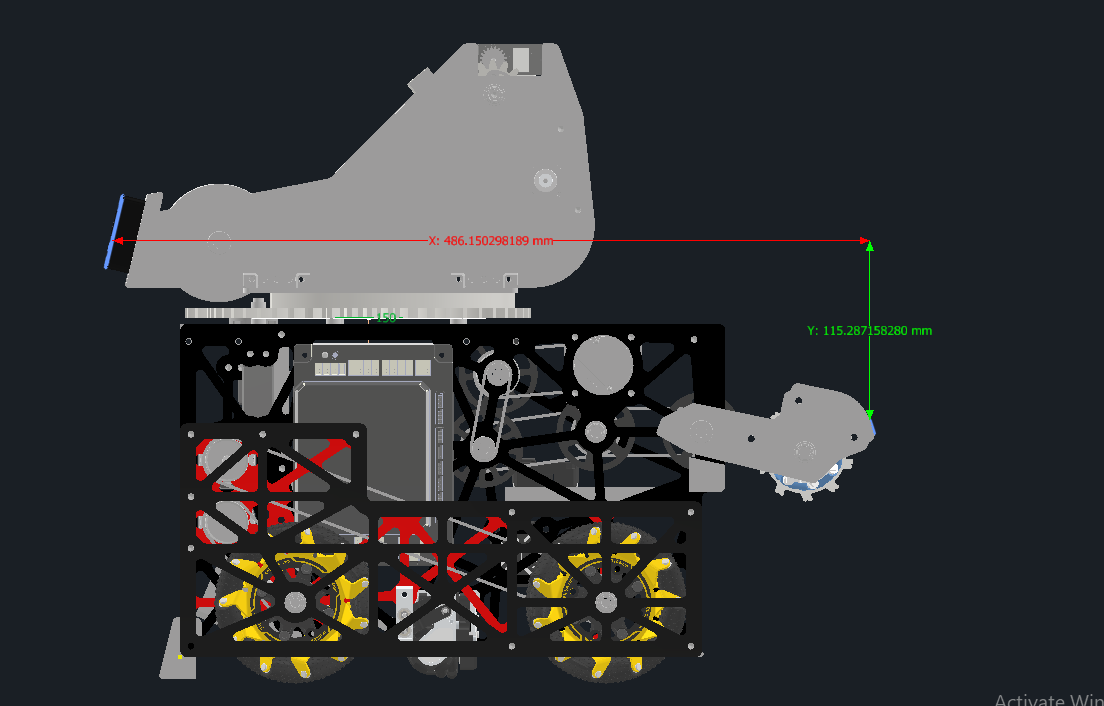 Side CAD measurement showing version one's mechanism extending beyond the robot frame