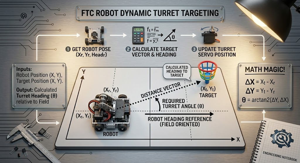 Engineering reference showing robot pose, target position, distance vector, and atan2 heading calculation