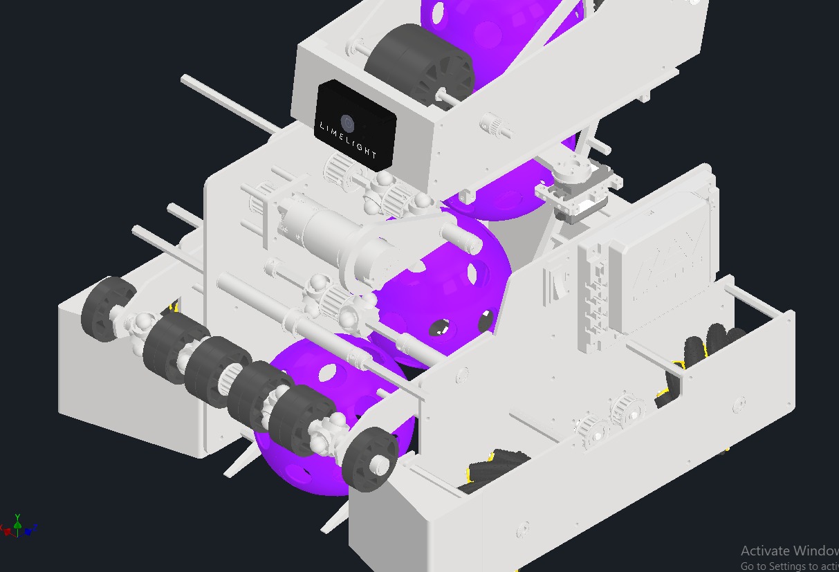 CAD view of version two showing the direct-drive intake, vectored wheels, funnel, trapdoor, and shooter