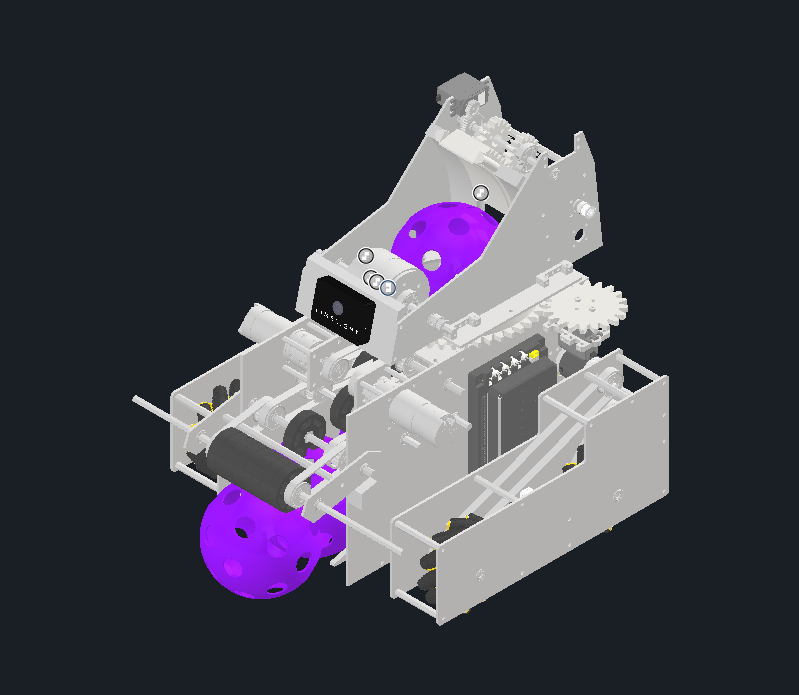 CAD of the final FTC robot with bumper intake and turreted shooter