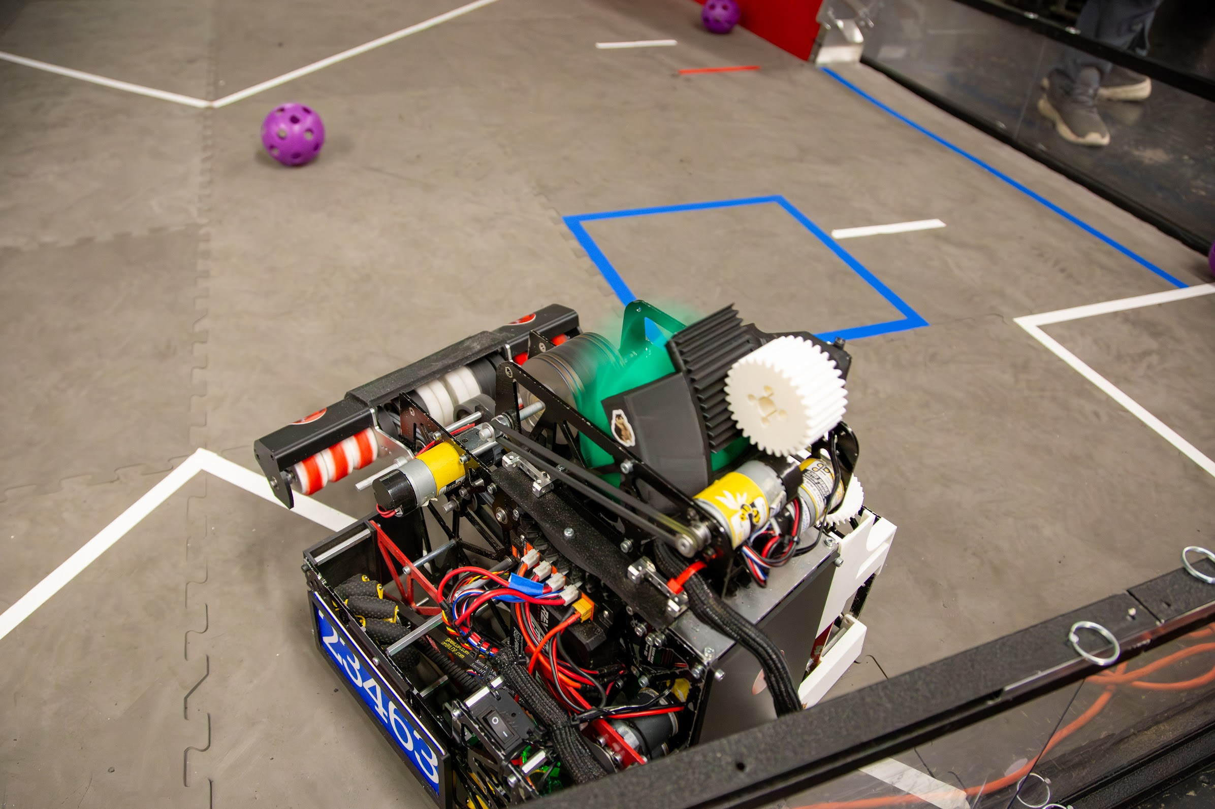 Overhead field view of the final robot showing its compact chassis and rotating shooter