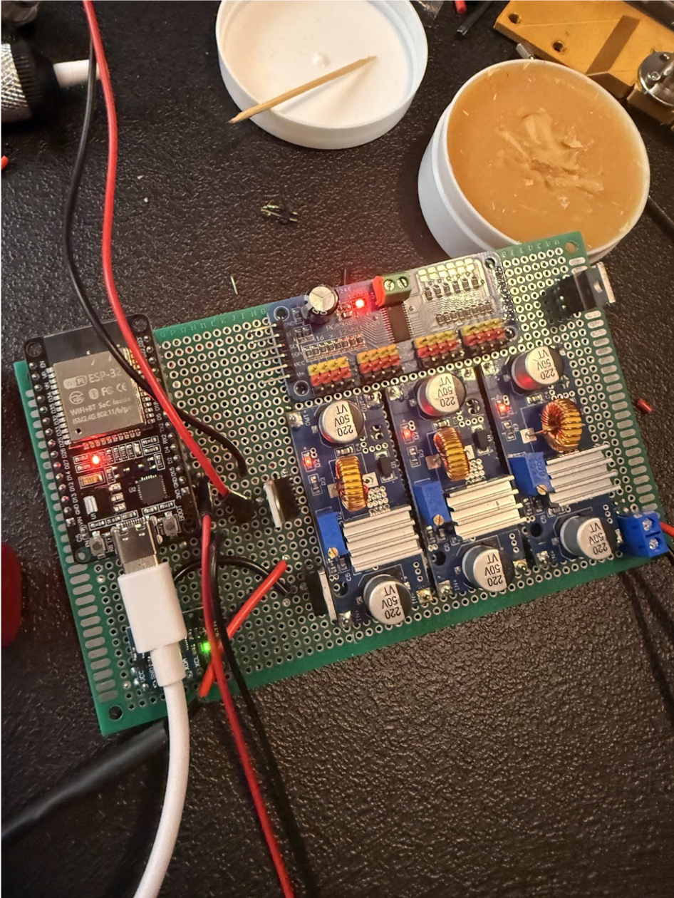 Soldered ESP32 robot dog control board with servo driver and power modules